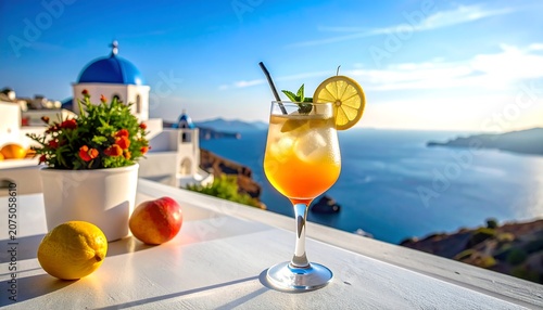 A vibrant cocktail glass sits on a white table with a breathtaking coastal backdrop, featuring a classic blue-domed church under a bright sky