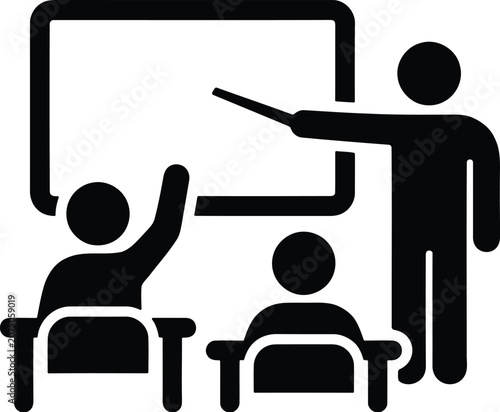 Teacher pointing at whiteboard with students in classroom setting for educational presentation