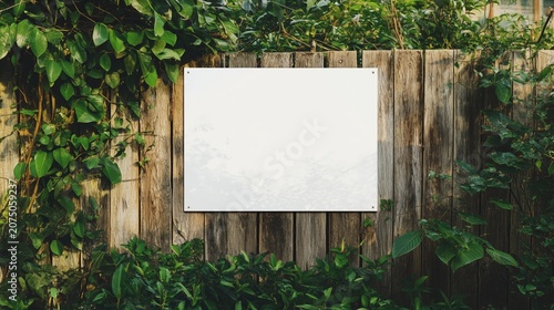 One vertical blank white poster mockup attached to rustic wooden fence in realistic garden photography style surrounded by lush green foliage leaves for outdoor poster display