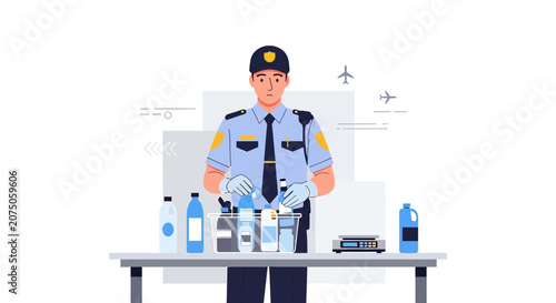 Airport Security Officer Inspecting Liquids at Checkpoint