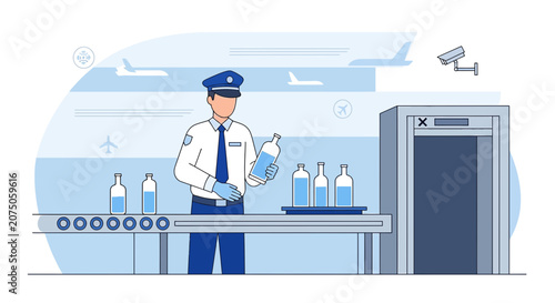 Airport security officer inspecting liquids at scanner with conveyor belt and planes