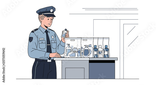 Airport Security Officer Inspecting Liquids in Carry-On Luggage