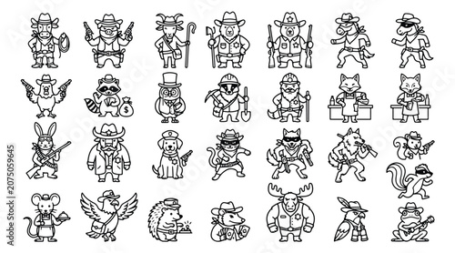 Schilderij op canvas Wild West animal characters set, 28 cowboy animal icons, outlaw forest creatures