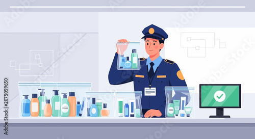 Airport Security Officer Inspecting Liquids in Luggage - Travel Ban Compliance