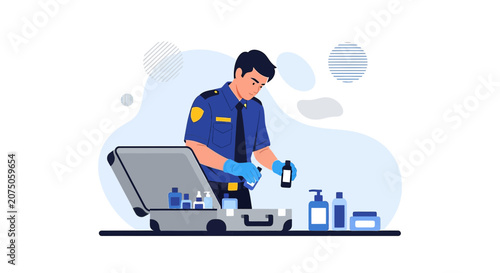 Airport Security Officer Inspecting Liquids in Carry-On Luggage