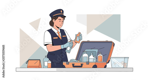Airport Security Officer Inspecting Liquids in Luggage at Checkpoint