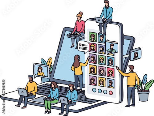 Remote Workers Sitting on Giant Laptop Interacting With Massive Smartphone for Global Digital Connectivity and Online Motion Communication