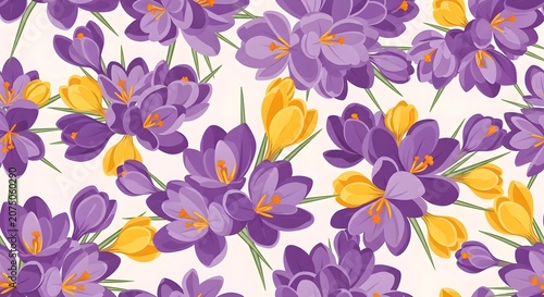 Seamless pattern of vibrant purple and yellow crocus flowers blooming on a light background, perfect for spring designs and decorative textiles.