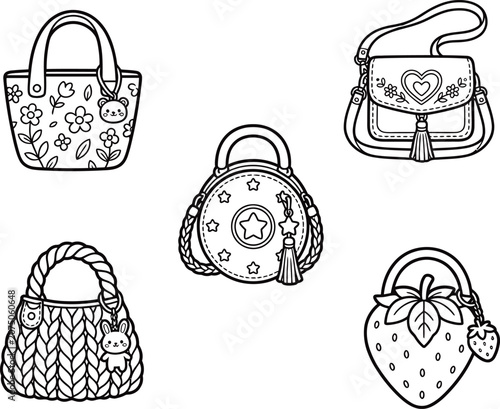 Girl handbag and purse line art elements set.