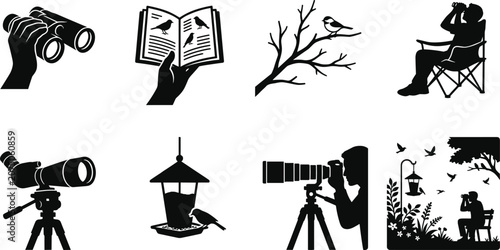 Konstfotografi Birdwatching and Wildlife Observation Silhouette Icon Set with Nature Watching E
