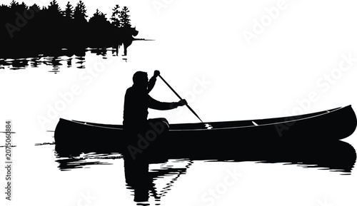 Obraz na płótnie Canoeing Adventure Silhouette on Calm Lake with Forest Reflection and Wilderness
