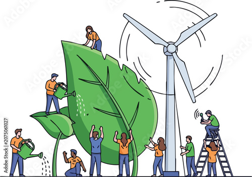 Team of Professionals Caring for Giant Leaf and Wind Turbine to Promote Global Environmental Sustainability and Renewable Power