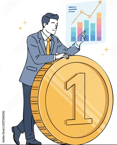 Business Investor Leaning Against Large Golden Coin Analyzing Floating Financial Holographic Bar Charts on White Background