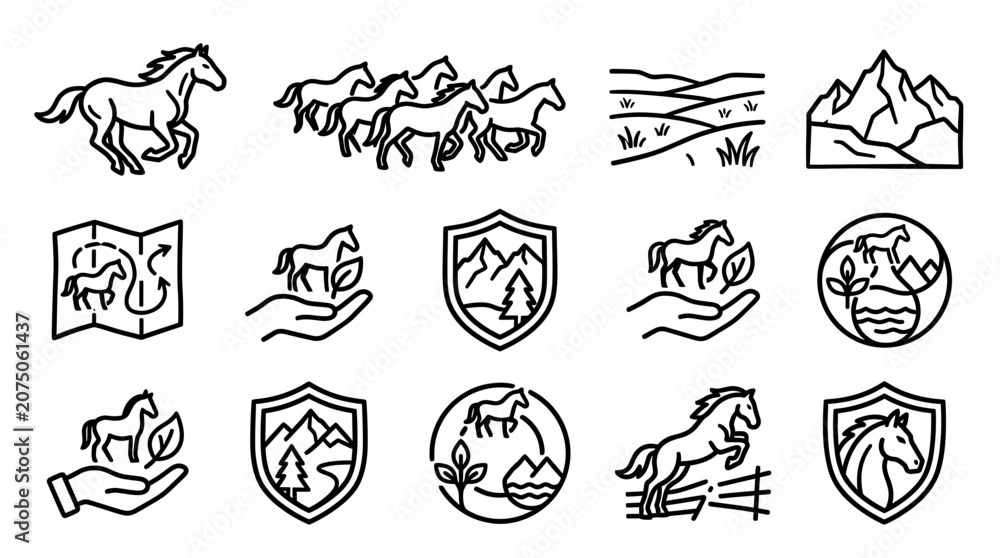 Fototapeta premium Wild Horses and Equine Conservation Outline Icon Vector Set