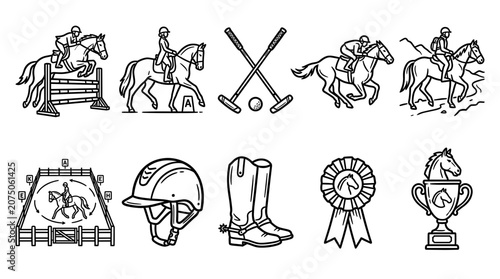 Tableau sur toile Equestrian Sports and Horse Riding Activities Outline Icon Collection