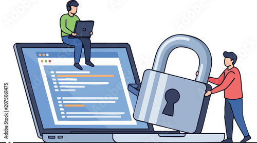 Cybersecurity Professional Secures Large Laptop With Metallic Padlock Near Remote Employee Sitting on Device on White Background