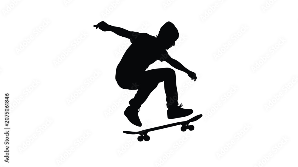 Fototapeta premium Skateboarder performing trick black silhouette against white background
