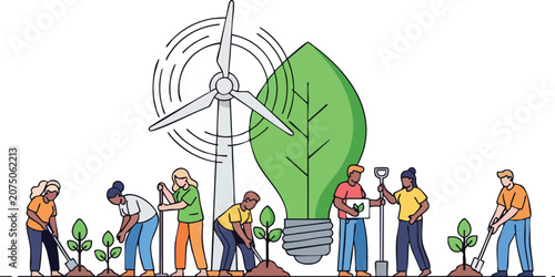 Diverse Activists Planting Trees Around Giant Wind Turbine and Green Leaf Bulb for Environmental Sustainability