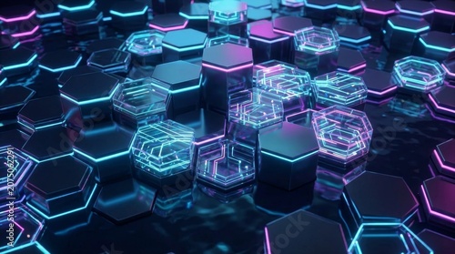 Abstract Digital Data Network with Glowing Hexagons and Technology Connections