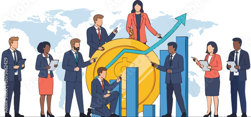 Diverse Business Professionals Collaborating on Global Investment Strategy Around Giant Gold Coin and Growth Bar Chart