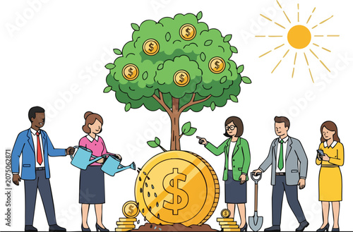 Diverse Business Professionals Watering a Growing Tree From a Large Gold Coin for Sustainable Investment Growth