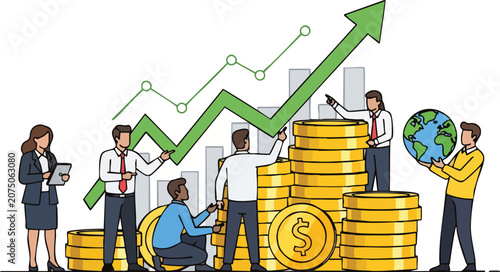 Diverse Business Professionals Working Together Around Giant Gold Coins and Rising Profit Arrow Chart on White Background