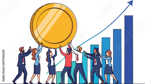Diverse Business Professionals Working Together to Lift a Large Gold Coin Beside an Upward Trending Growth Chart