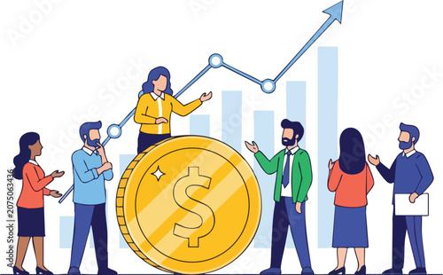 Diverse Business Team Working Together Near Giant Golden Coin and Rising Financial Growth Chart for Global Investment