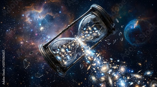 Cosmic Hourglass Releasing Starlight Symbolizing Time and Infinity