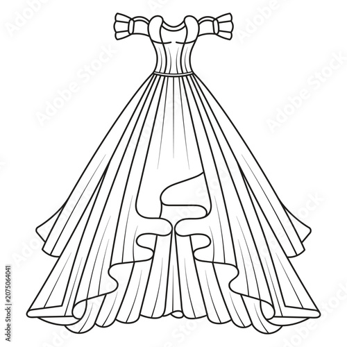 Collection of women's clothing technical sketches showing various styles black and white line art illustration for fashion design. Elegant woman, fashion illustration, line art, puffy sleeve dress,