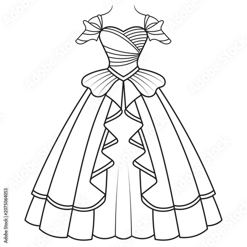 Collection of women's clothing technical sketches showing various styles black and white line art illustration for fashion design. Elegant woman, fashion illustration, line art, puffy sleeve dress,
