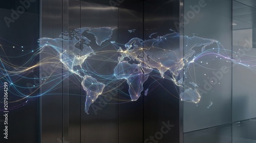 Abstract Data Network Overlaying World Map with Glowing Connections