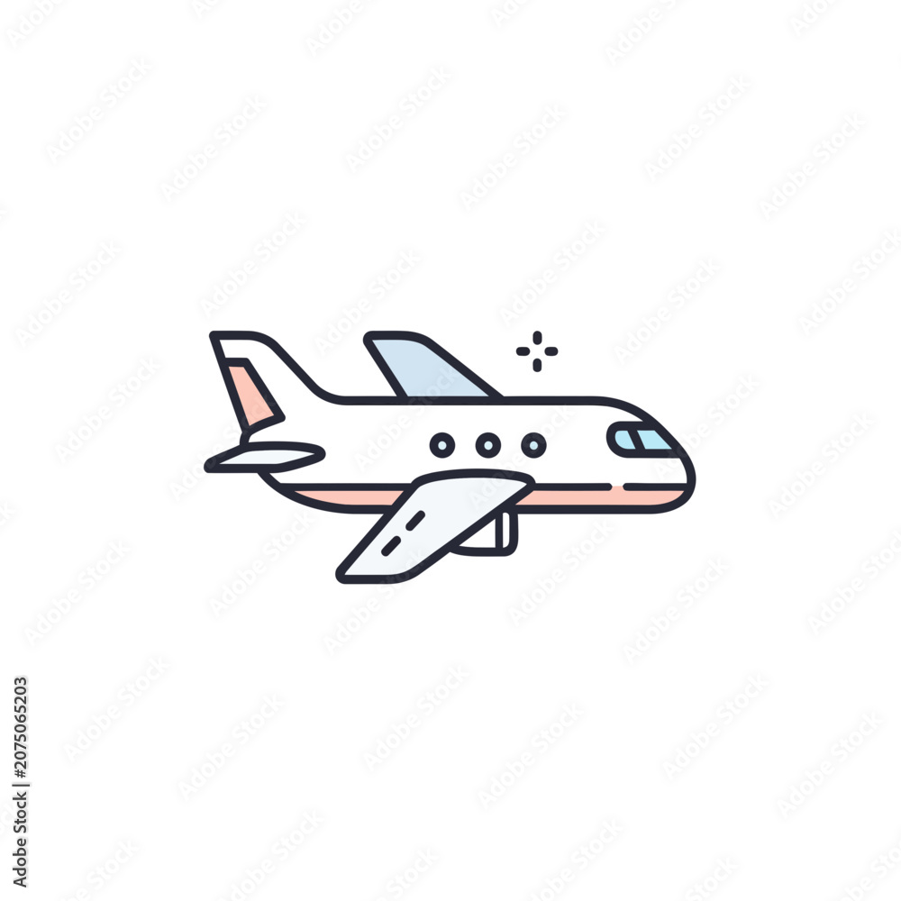 Naklejka premium Commercial passenger airplane flying illustration in flat line style isolated on white background