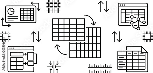 Data Spreadsheet Pivot Table Icon Set Featuring Matrix Transposition Browser And Dashboard Analytics