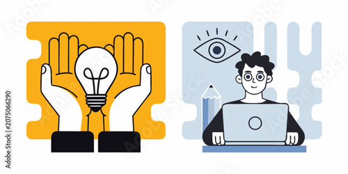 Cuadro en lienzo Hands Cradling Lightbulb And Person With Laptop Vector Illustration