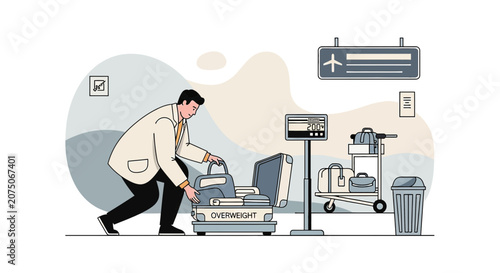 Traveler overweight baggage at airport weigh-in station