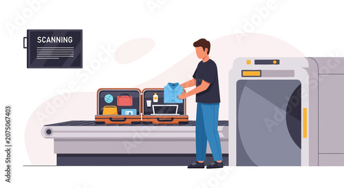 Traveler packing luggage at airport security scanning machine