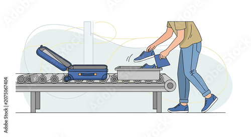 Traveler Packing Luggage at Airport Security Checkpoint