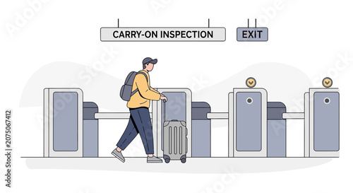 Traveler passing through security gates with luggage at airport