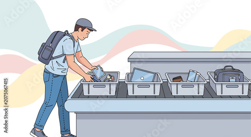 Traveler placing electronics in tray at airport security checkpoint scan