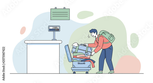 Traveler packing suitcase at airport check-in