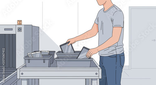 Traveler placing electronics in tray for airport security screening