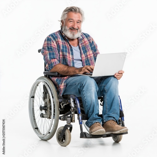 Smiling man using laptop while sitting in wheelchair
