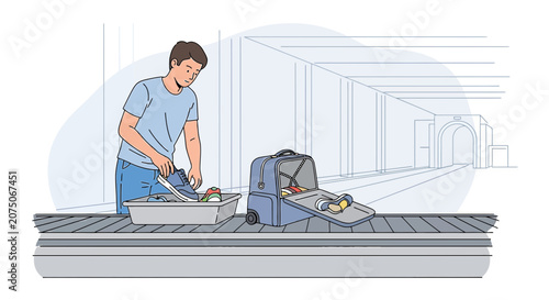 Traveler preparing luggage for airport security screening