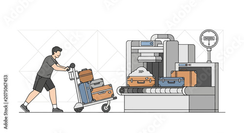 Traveler pushing luggage cart through airport security scanner