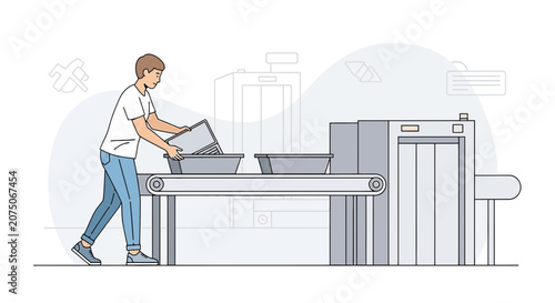 Traveler placing laptop in tray at airport security scanner