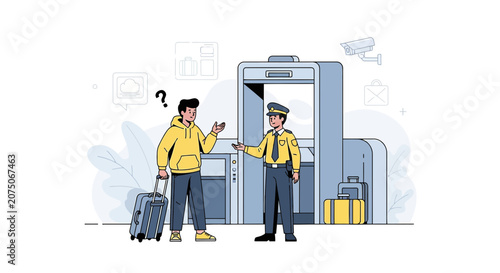 Traveler questioned at airport security checkpoint with luggage