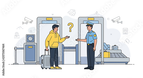 Traveler questioned at airport security checkpoint with metal detector and baggage scanner.