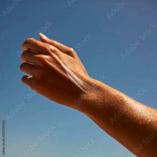 Person applies sunscreen on their arm during a sunny day at the beach while enjoying outdoor activities
