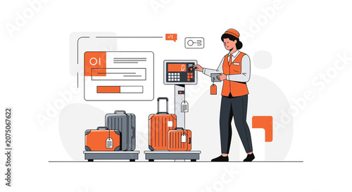 Traveler Weighing Luggage at Airport Check-in Counter with Digital Display